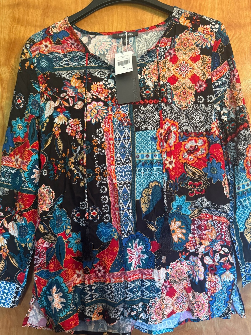Lauren G. Black Floral Patchwork Peasant Blouse